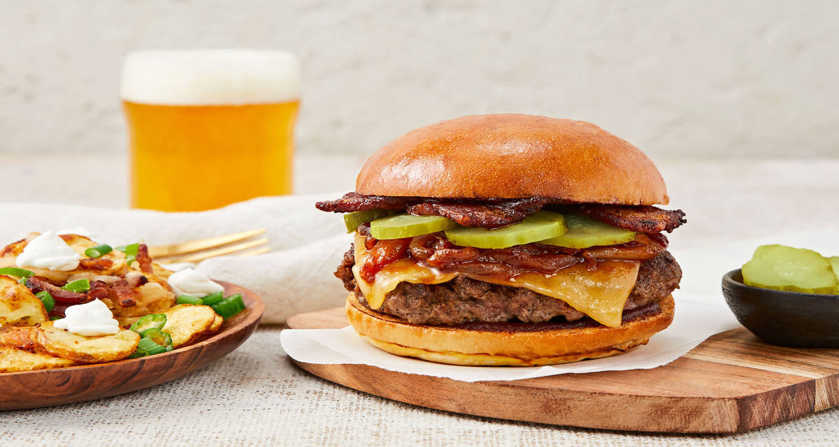 Bacon Buckaroo Burgers with BBQ Caramelized Onion & Cheesy Loaded Potato Rounds