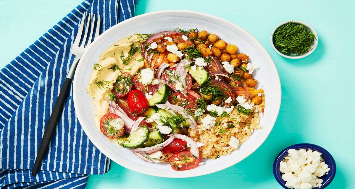 Greek Goddess Bulgur Bowls with Roasted Chickpeas, Harissa Hummus & Cucumber Feta Salad