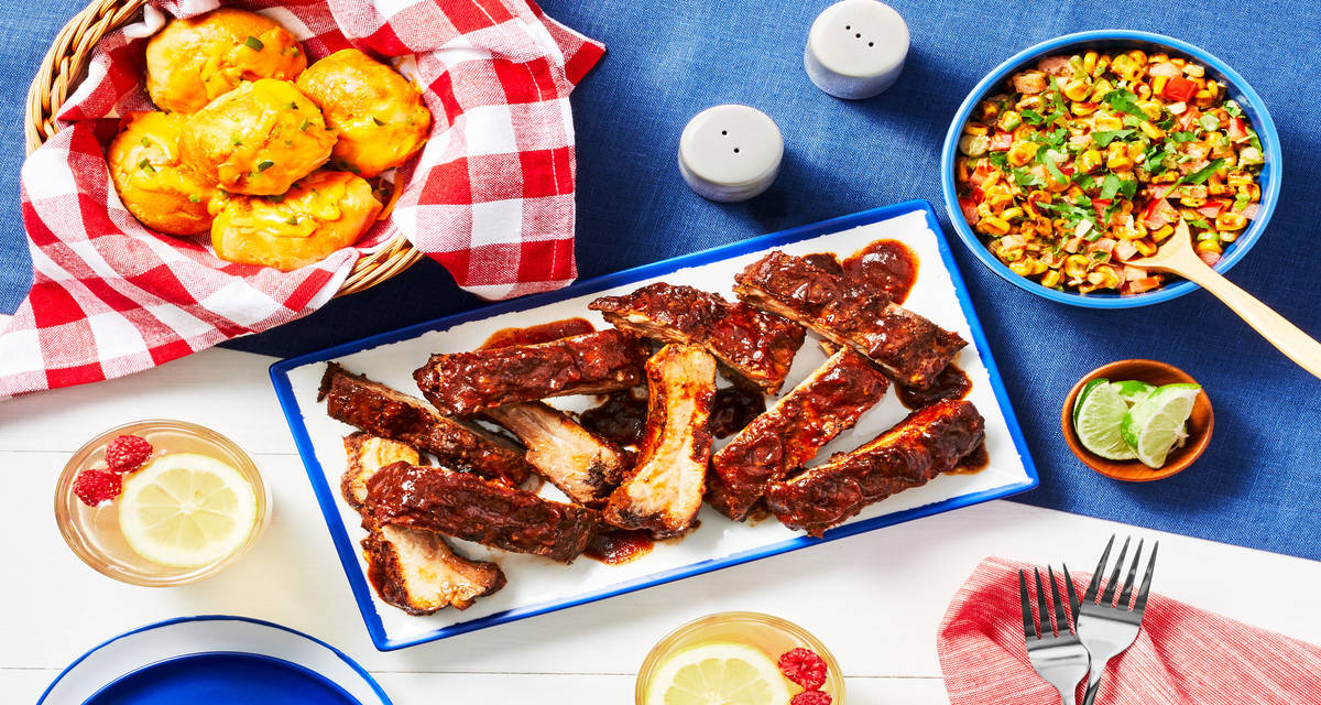 BBQ Baby Back Ribs with Chili Lime Corn Salad & Jalapeño Cheddar Biscuit Bombs