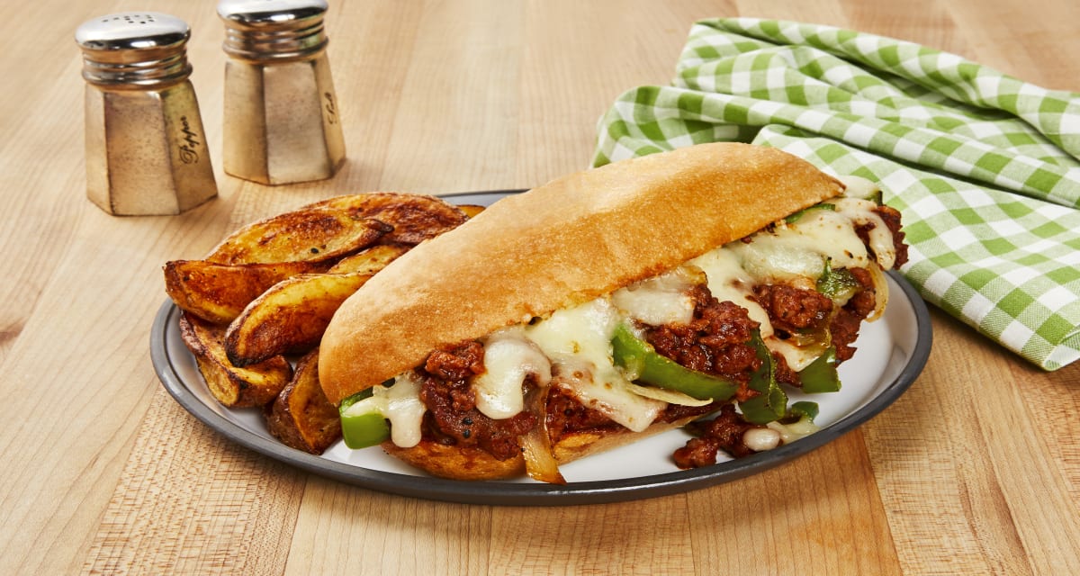 Arthur Ave Pork Sausage & Pepper Heroes with Melty Mozzarella & Garlic Potato Wedges-image