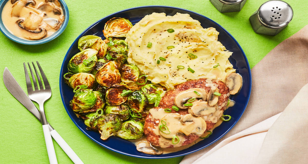 Meatloaves with Creamy Mushroom Sauce plus Garlic Mashed Potatoes & Roasted Brussels Sprouts