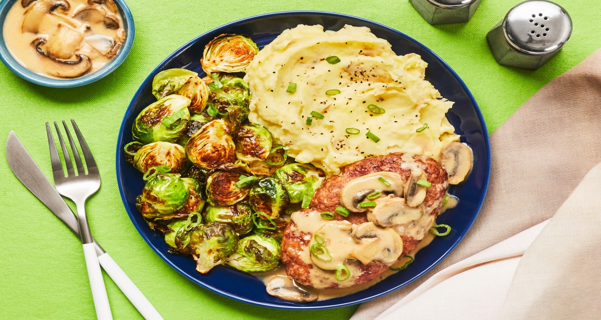 Meatloaves with Creamy Mushroom Sauce plus Garlic Mashed Potatoes & Roasted Brussels Sprouts-image