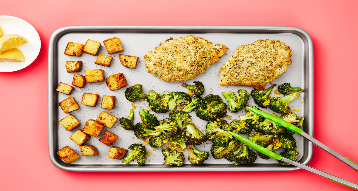 Crunchy Italian Chicken Sheet Pan Bake with Spiced Potatoes & Lemony Broccoli