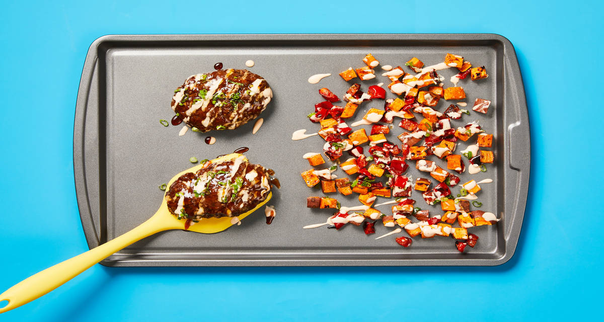 Sheet Pan Sweet Soy Meatloaves with Sweet Potato & Pepper Jumble plus Spicy Lime Mayo