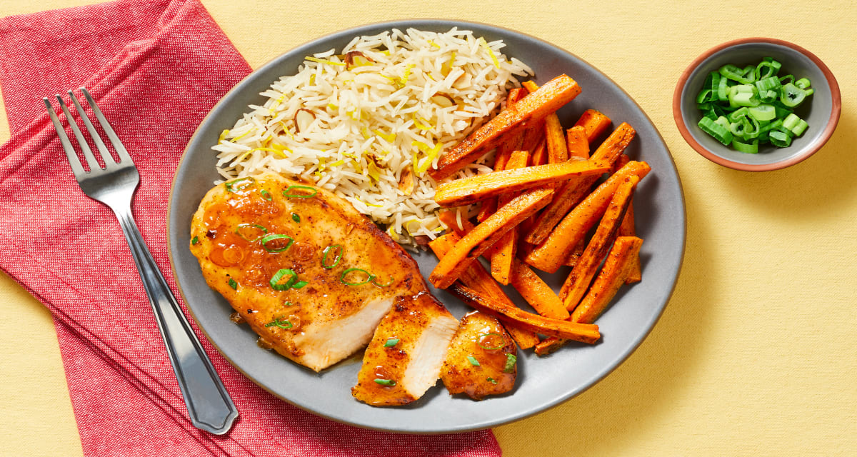 Turkish-Spiced Chicken in Apricot Sauce with Lemon Almond Rice & Harissa-Roasted Carrots image