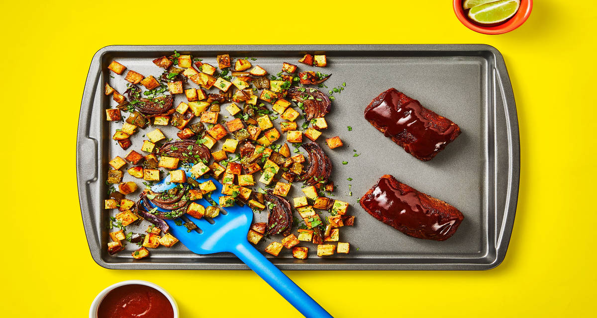 Sheet Pan Chipotle BBQ Pork Tenderloin with a Potato, Pepper, Onion & Cilantro Hash