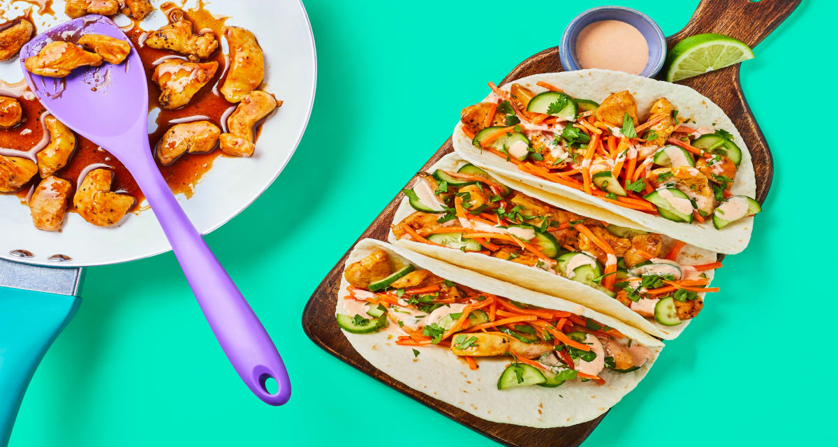 One-Pan Banh-Mi-Style Chicken Tacos with Pickled Cucumber & Sriracha Mayo-image