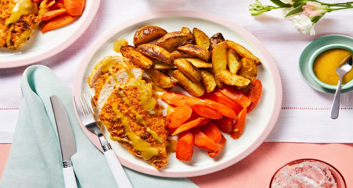 Crispy Maple Mustard Chicken with Roasted Potato Wedges & Carrots-image