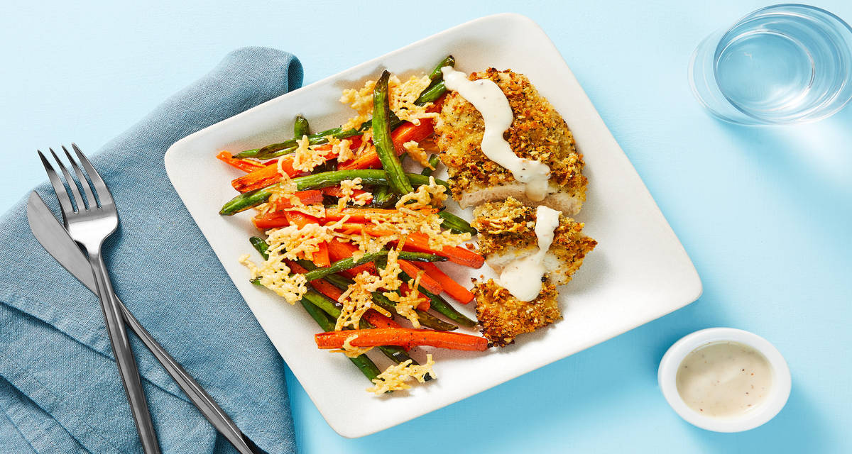 Caesar Crunch Chicken with Parmesan Frico Roasted Veggies