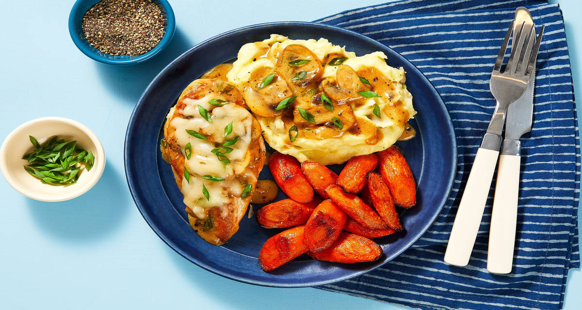 Cheesy Smothered Mushroom Chicken with Mashed Potatoes & Roasted Carrots