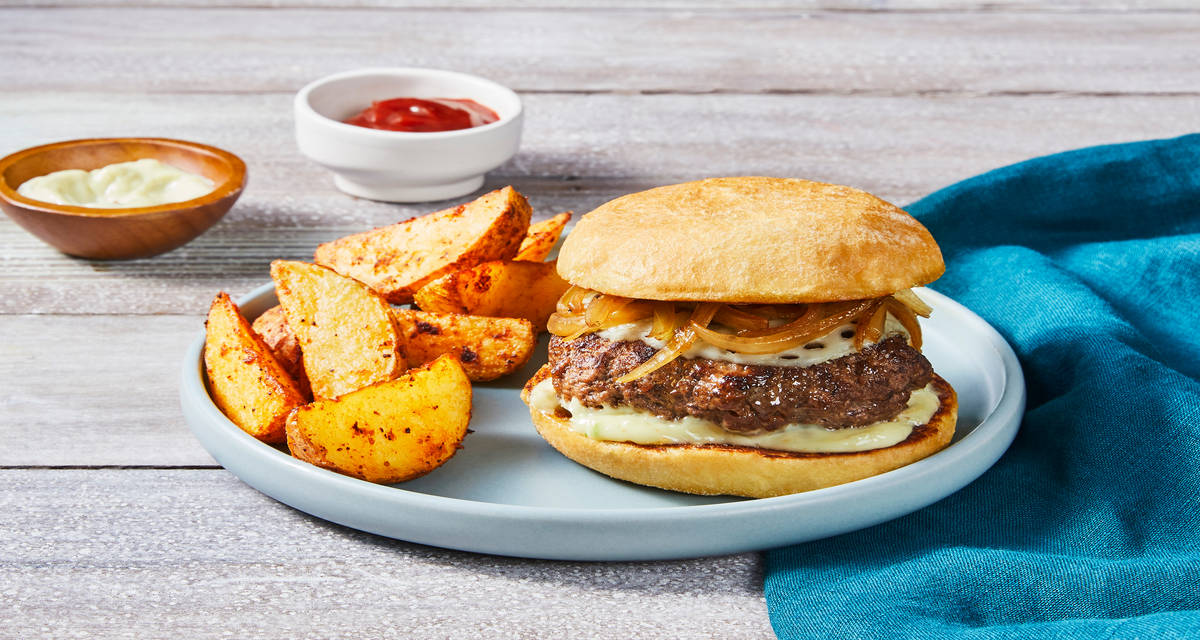 Caramelized Onion Swissburgs with Roasted Garlic Horseradish Aioli & Seasoned Potato Wedges