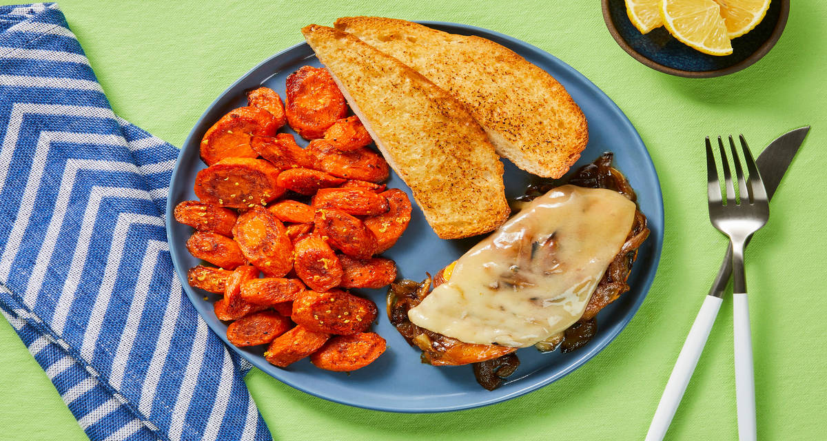 Cheesy French Onion Chicken with Garlic Bread & Lemony Roasted Carrots
