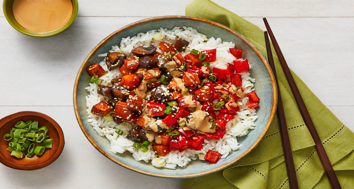 Hoisin Sweet Potato & Mushroom Bowls with Ginger Rice & Sriracha Soy Mayo