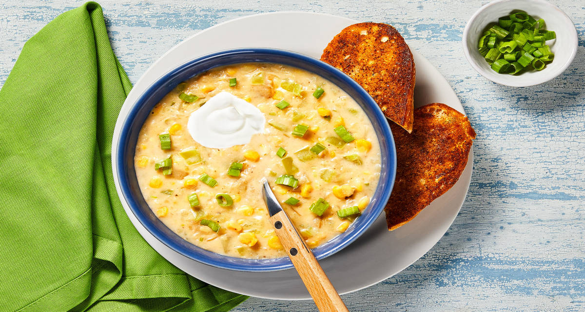 Sweet Corn & Green Pepper Chowder with Old Bay Toast