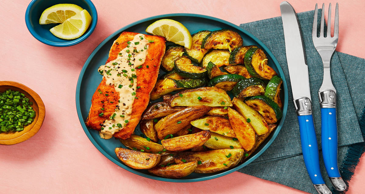 Salmon in a Creamy Dijon Chive Sauce with Roasted Potato Wedges & Lemony Zucchini