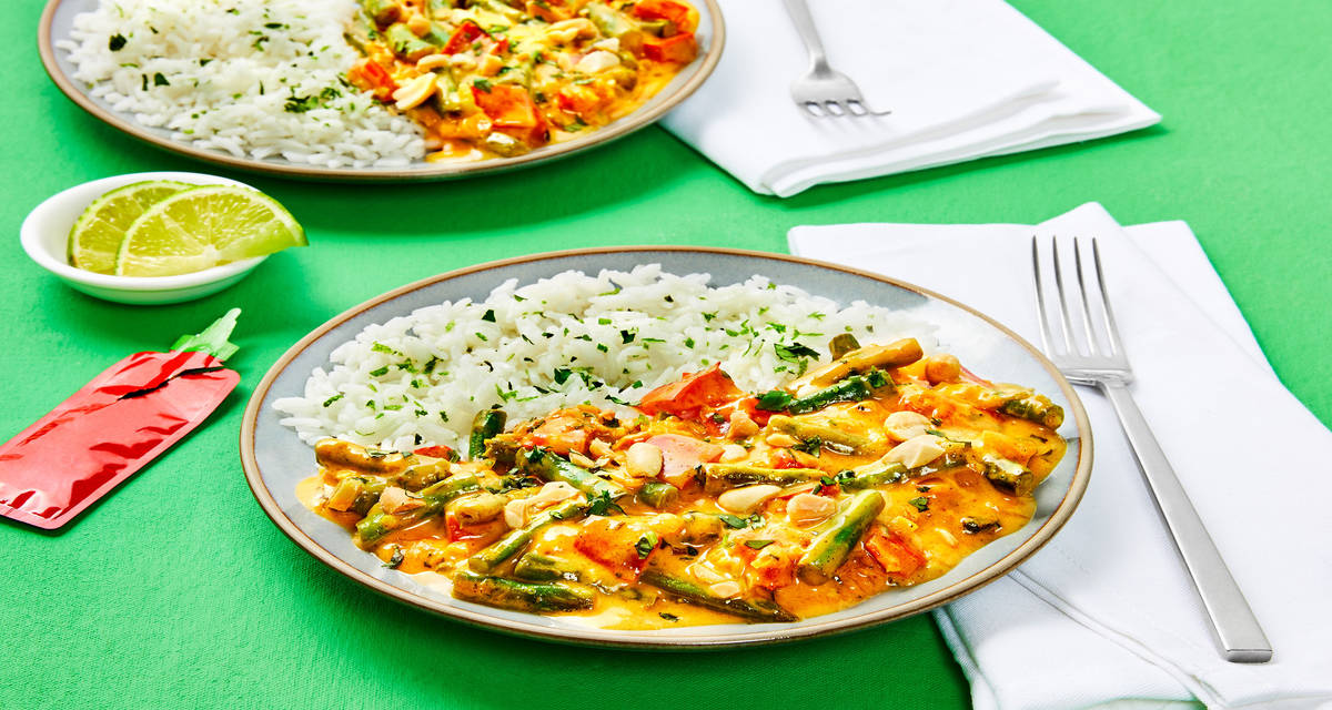 Thai Ginger Curry with Creamy Coconut Veggies, Peanuts & Lime Rice