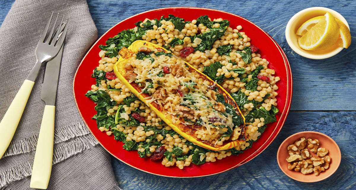 Kale, Cranberry & Walnut Stuffed Squash with Parmesan & Creamy Lemon Thyme Couscous-image