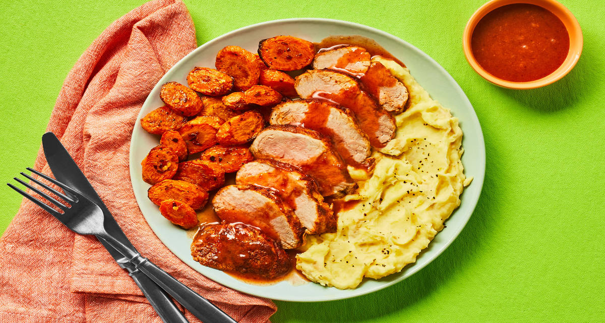 Sweet & Smoky Chicken Cutlets with Chili Roasted Carrots, Mashed Potatoes & Cherry Sauce