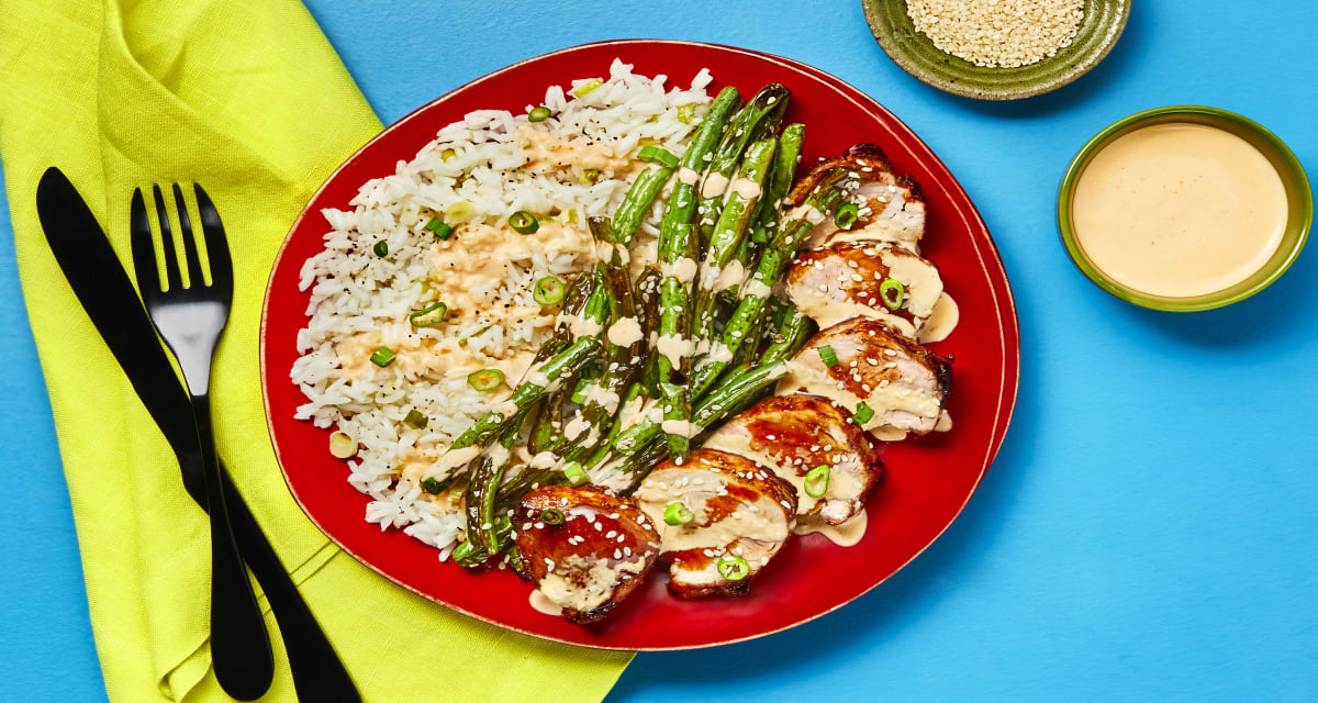 Hoisin-Glazed Pork Tenderloin with Scallion Rice, Ponzu Roasted Green Beans & Sriracha Mayo-image