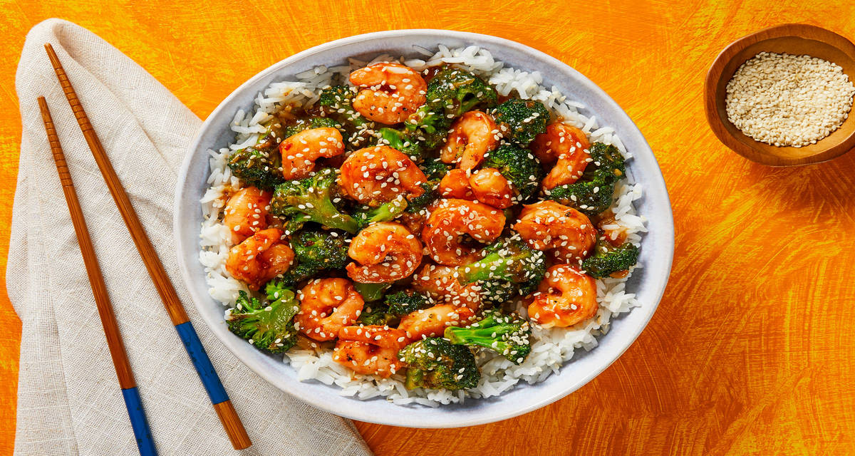 Spicy Shrimp & Broccoli Stir-Fry in a Sweet Chili Soy Glaze over Jasmine Rice