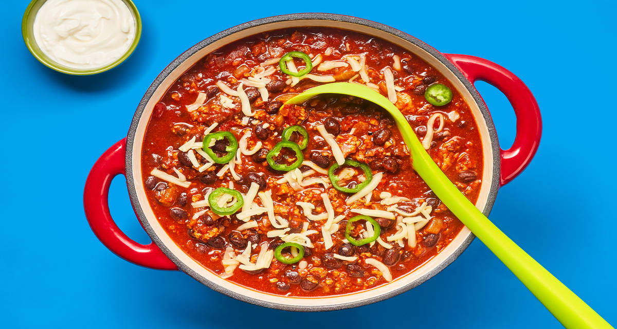 One-Pot Pork & Black Bean Chili with Sour Cream & Monterey Jack Cheese