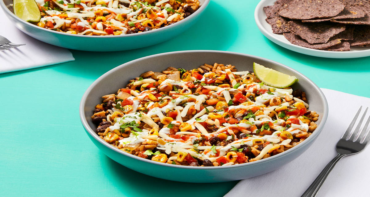 Shrimp & Black Bean Burrito Bowls with Charred Corn, Blue Corn Tortilla Chips & Tomato Salsa