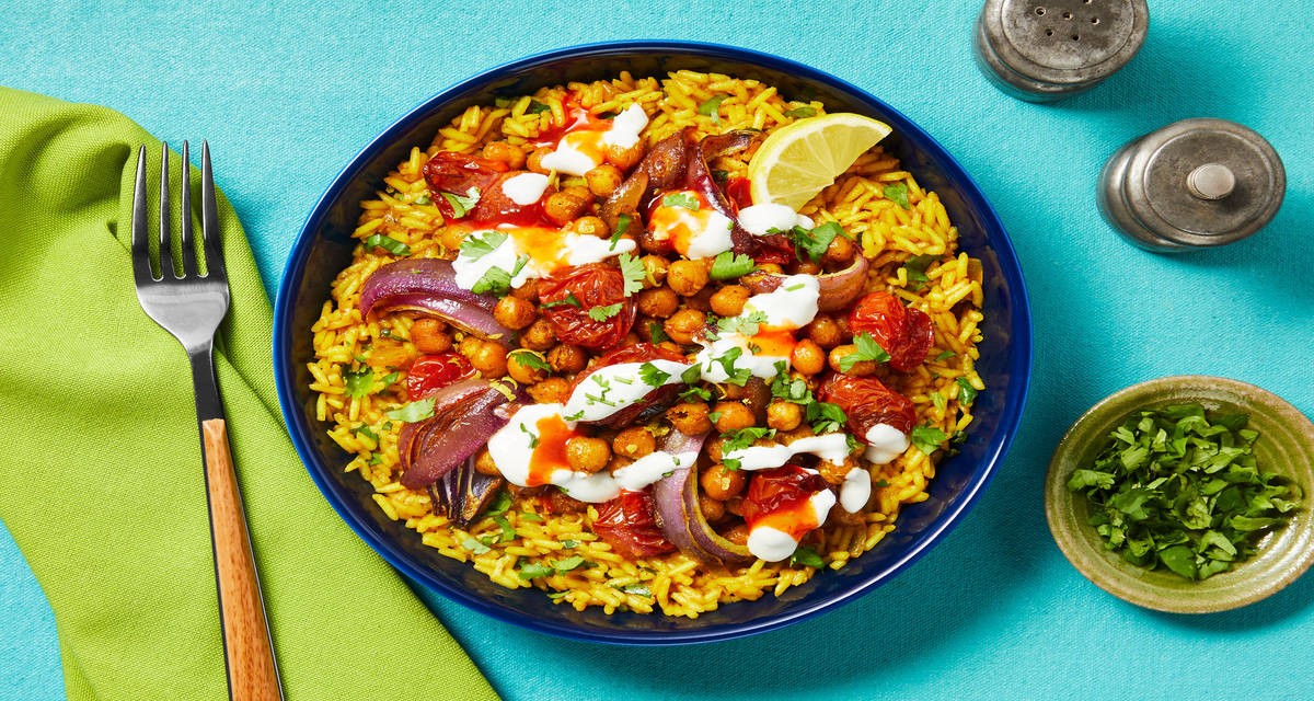 Middle Eastern Salmon & Chickpea Bowls with Spiced Basmati Rice & Garlicky White Sauce