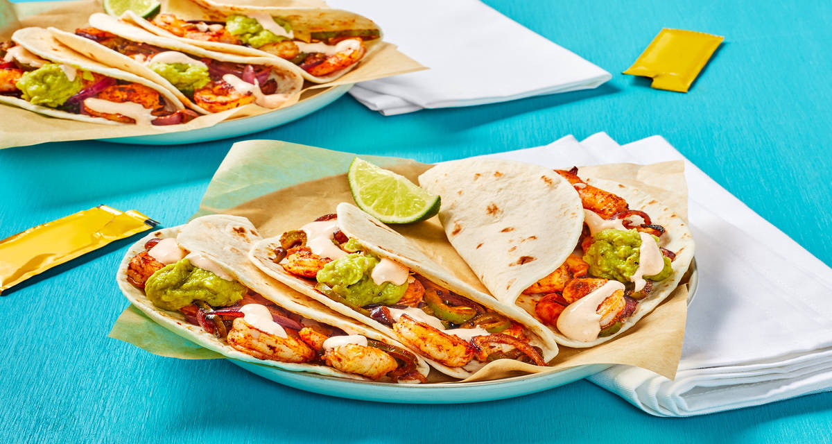 One-Pan Cantina Shrimp Fajitas with Spicy Guacamole & Smoky Red Pepper Crema