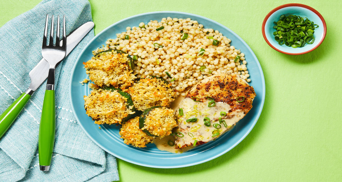 Creamy Lemon Butter Bavette Steak with Parmesan Zucchini Rounds & Scallion Couscous