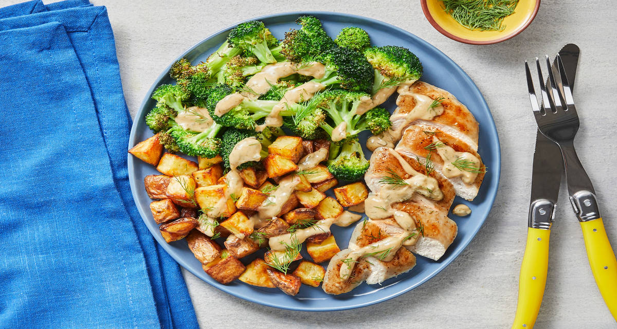 Creamy Dill Salmon with Roasted Potatoes & Broccoli