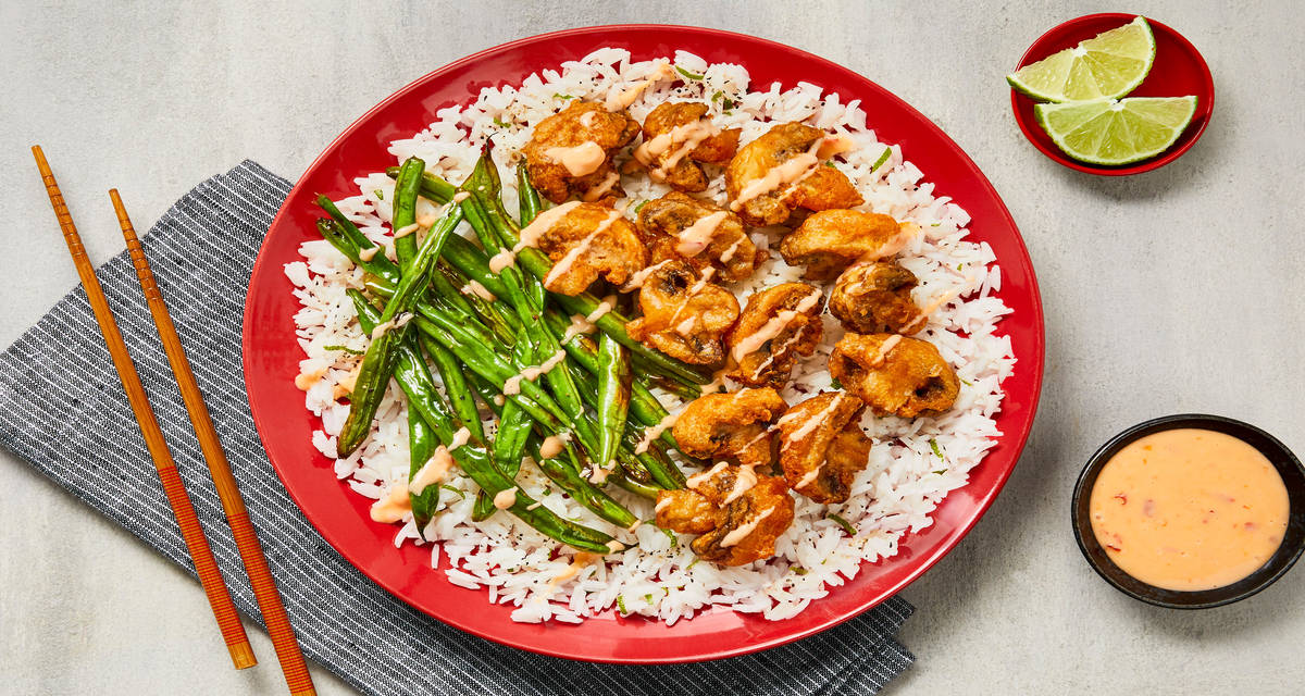 Dynamite Mushroom & Shrimp Tempura with Roasted Green Beans & Zesty Rice