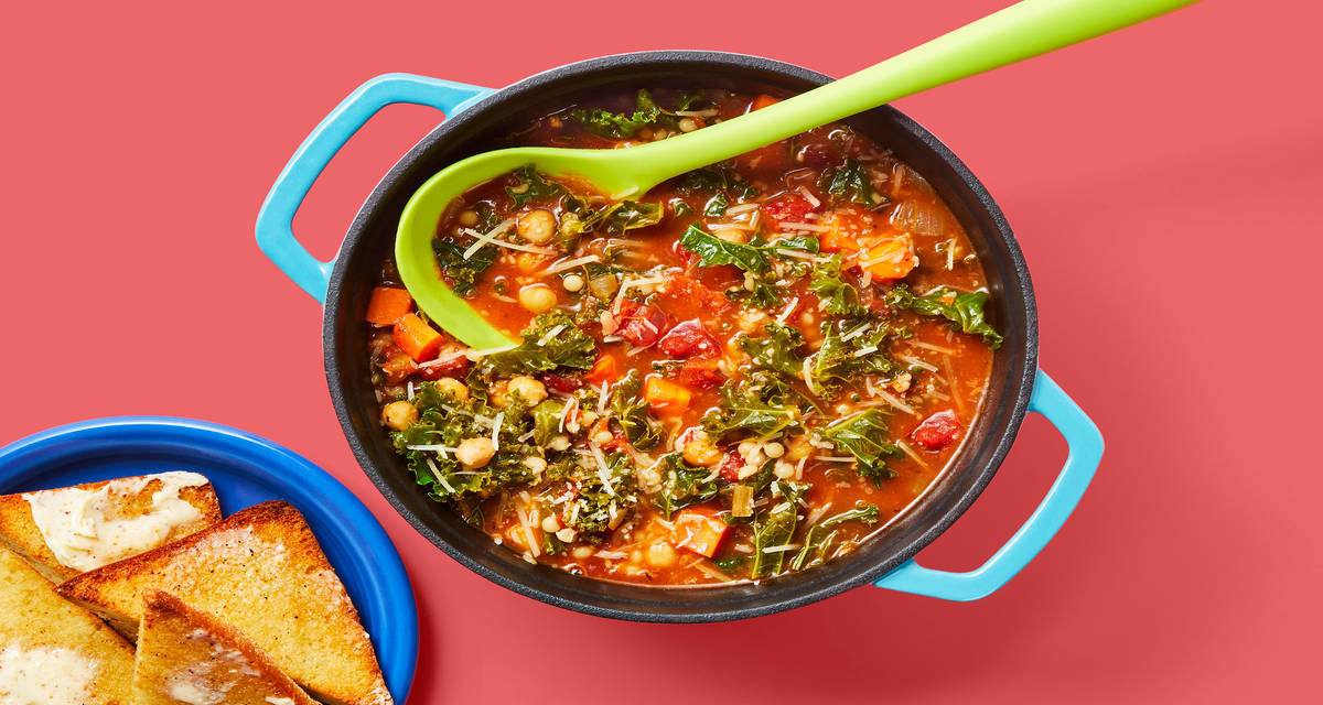 One-Pot Turkey, Chickpea & Kale Soup with Couscous, Parmesan & Garlic Ciabatta