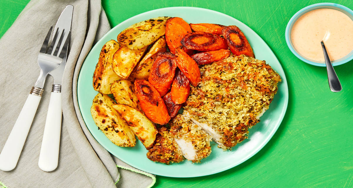 Monterey Jack Un-Fried Chicken with Roasted Carrots, Potato Wedges & Sriracha Mayo