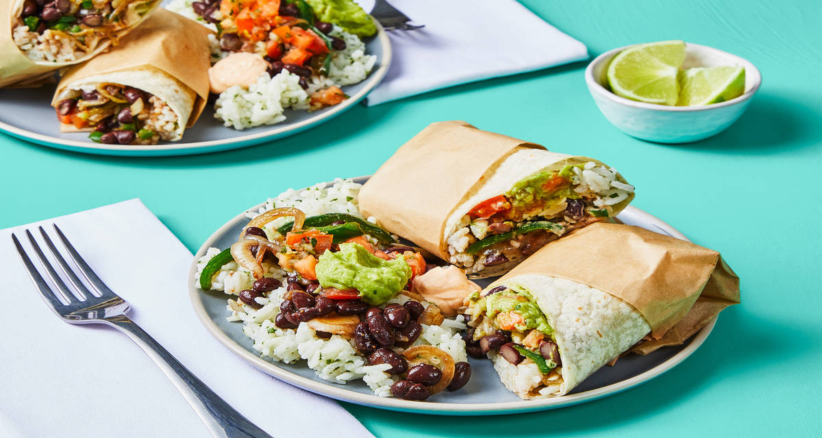Black Bean & Poblano Burritos with Monterey Jack, Pico de Gallo, Cilantro Lime Rice & Guacamole