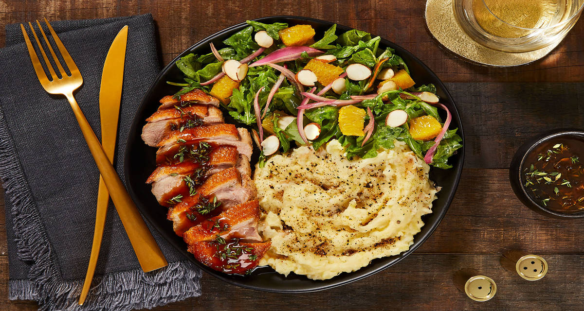 Duck a l’Orange with Duck Fat Mashed Potatoes & Arugula Almond Salad