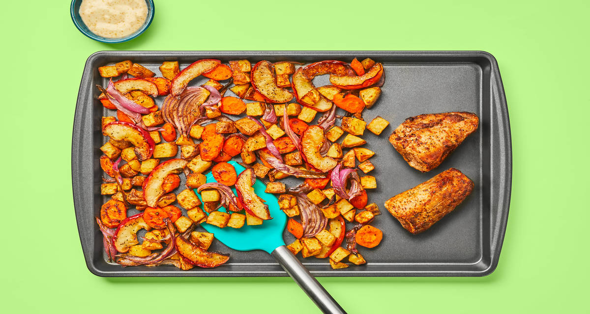 Sheet Pan Pork with Creamy Mustard plus Rosemary Roasted Root Veggies & Apple