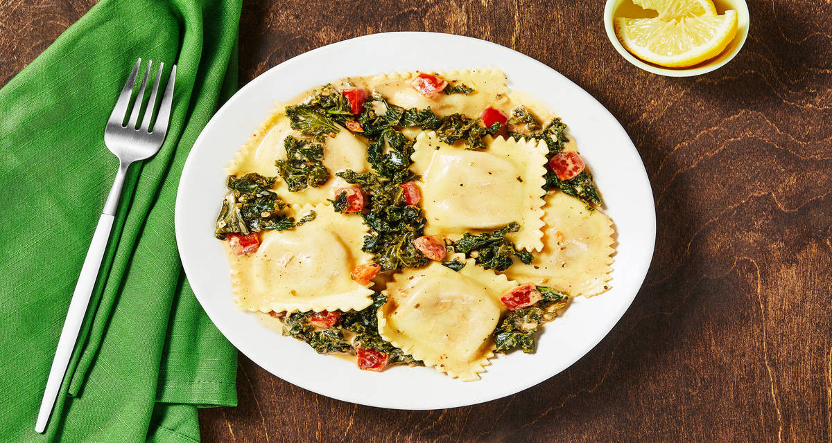 Creamy Ricotta Tomato Ravioli with Kale & Lemony Tuscan Sauce