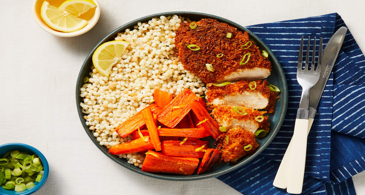 Crispy Parmesan Chicken with Garlic Scallion Couscous & Lemony Roasted Carrots-image