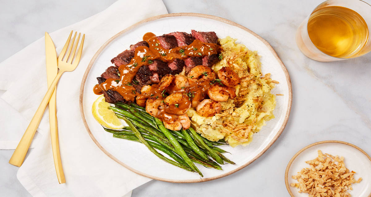Steak & Shrimp in a Creamy Thyme Sauce with Zesty Roasted Green Beans & Mashed Potatoes