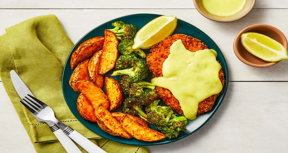 Golden Chicken Schnitzel with Roasted Potatoes, Broccoli & a Creamy Honey Dijon Dipper-image