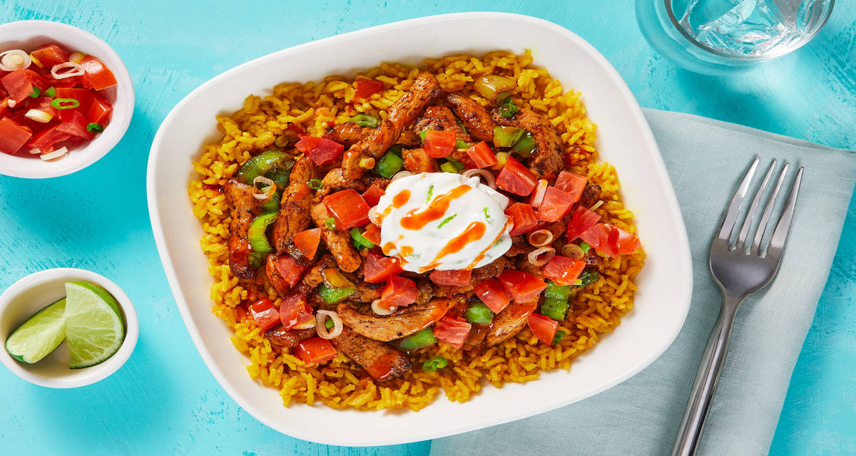 Mexican Chicken & Rice Bowls with Salsa Fresca & Lime Sour Cream