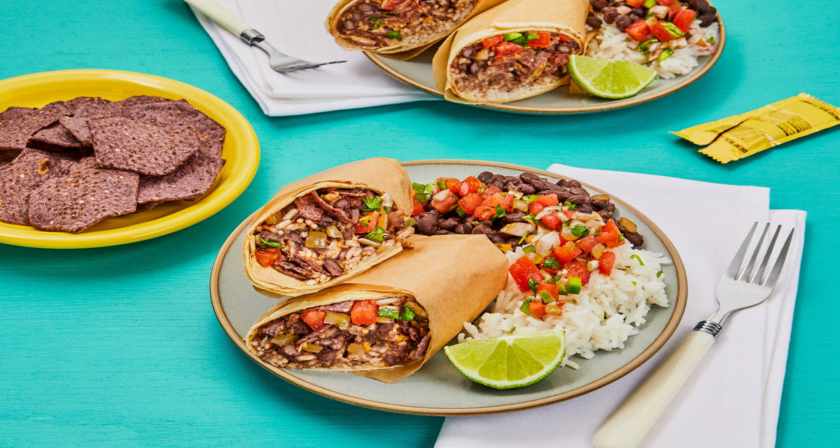 Black Bean & Blue Corn Crunch Burritos with Pico de Gallo & Lime Crema