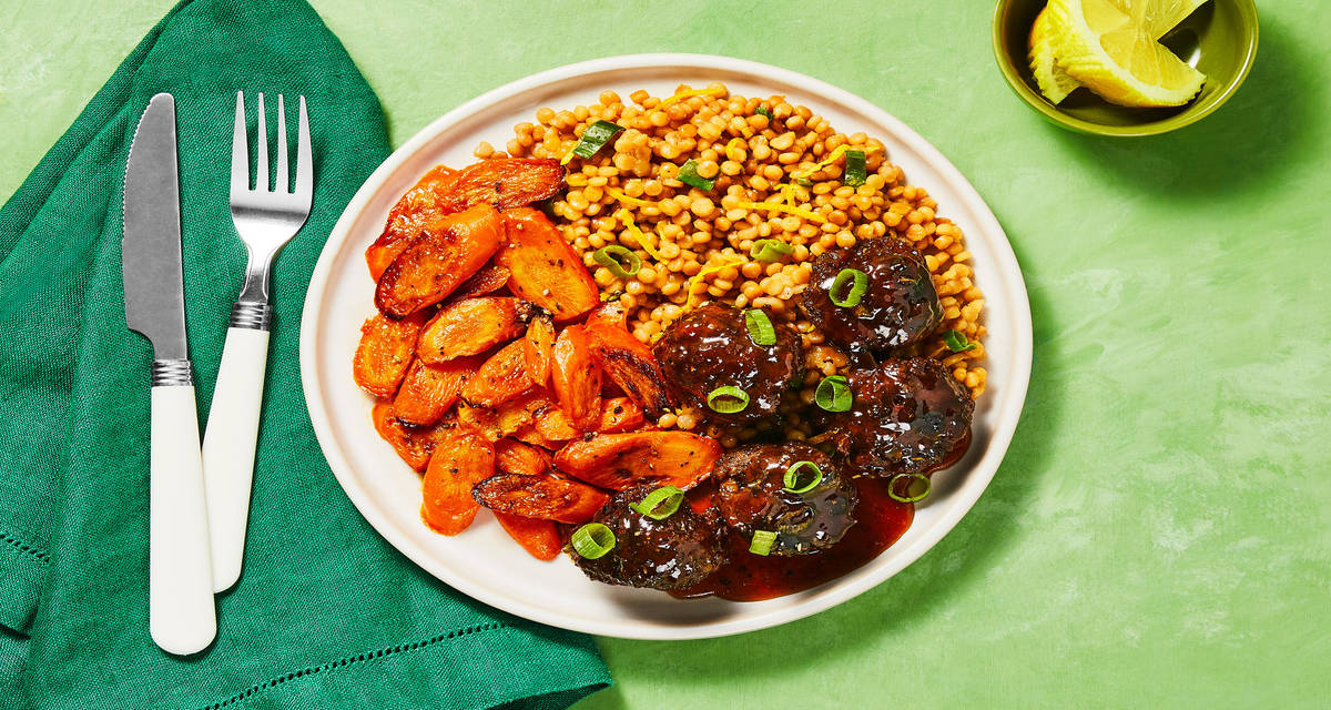 Tunisian-Spiced Meatballs with an Apricot Glaze, Roasted Carrots & Scallion Couscous