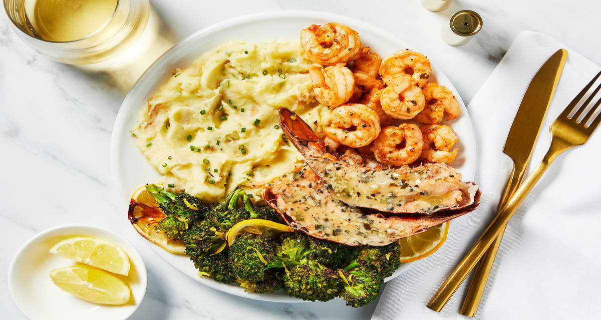 Garlic Herb Butter Shrimp & Lobster with Lemony Broccoli & Chive Crème Fraîche Mashed Potatoes