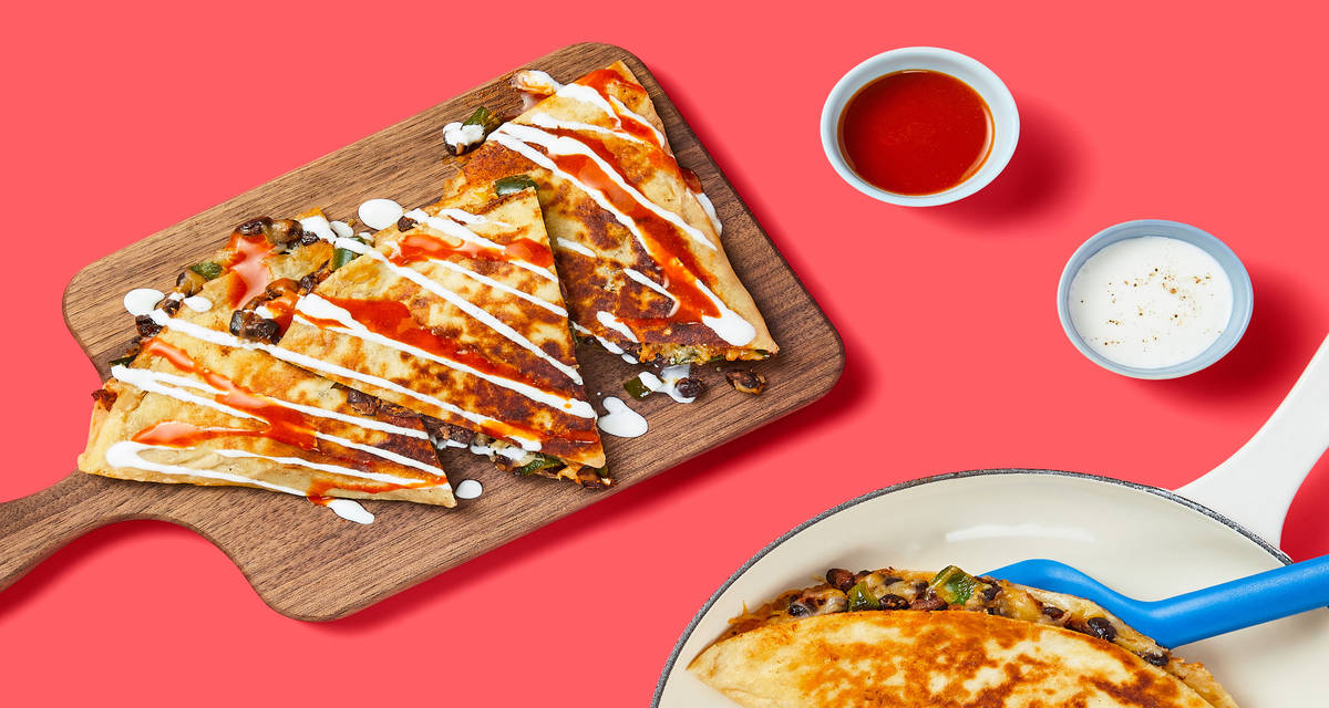 One-Pan Black Bean & Poblano Quesadillas with Lemon Crema