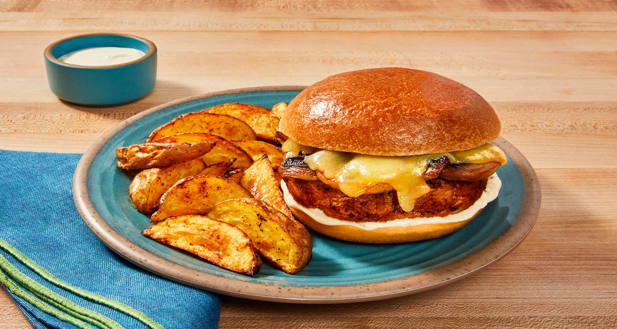 Alpine Turkey Burgers with Mushrooms, Swiss Cheese, Dijonnaise & Potato Wedges