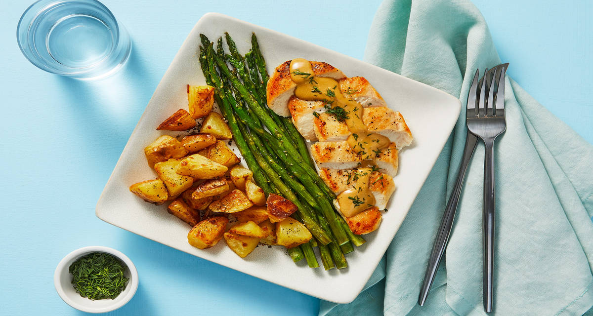 Creamy Dill Steak with Roasted Potatoes & Asparagus