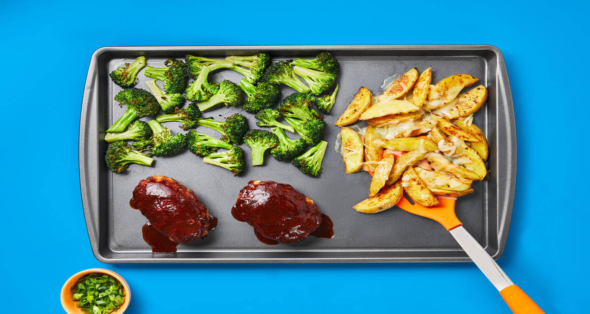 Kickin’ Sheet Pan Orange BBQ Meatloaves with Cheesy Potato Wedges & Roasted Broccoli