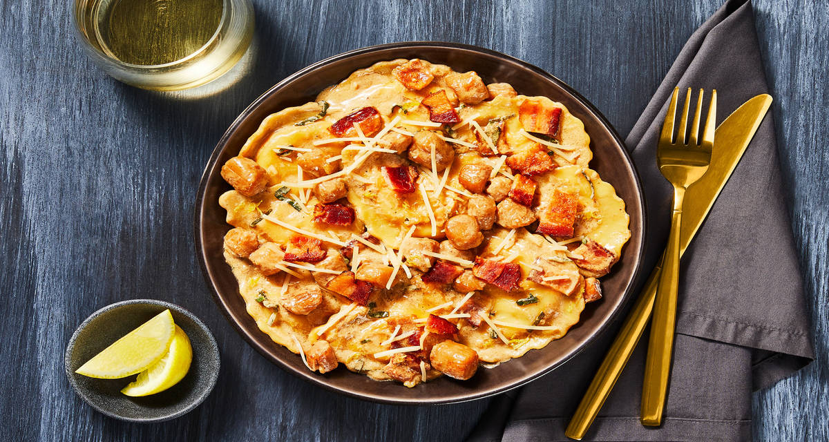 Squash Agnolotti with Bacon & Scallops in a Brown Butter-Sage Cream Sauce