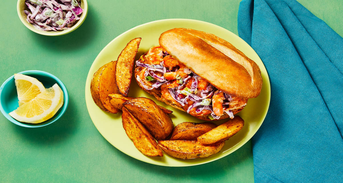 Warm Buttered Shrimp Rolls with Creamy Lemon Slaw & Seasoned Potato Wedges